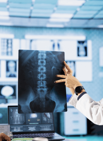 The image shows an x-ray of a spine. Someone's fingers are pointing out something on the x-ray, and there is a computer screen in the background